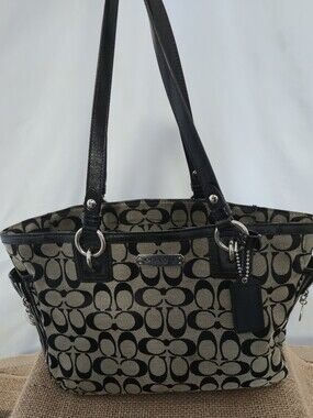 Coach Black and Beige Signature Jacquard Tote with Leather Trim